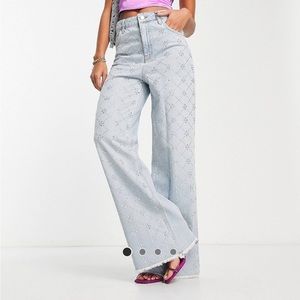 ASOS LUXE denim jeans with all
over diamante grid in blue